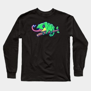 Cute Chameleon Eating Bug Cartoon Long Sleeve T-Shirt